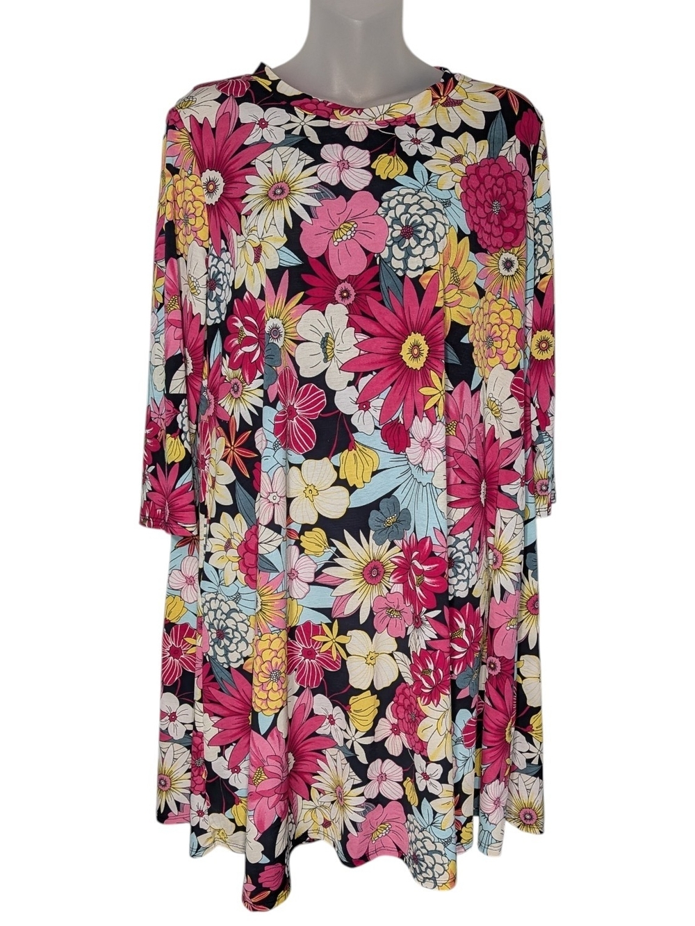 XL Vibrant Floral Swing Dress 3/4 Sleeve Pocketed Knit Pink & Yellow Festival